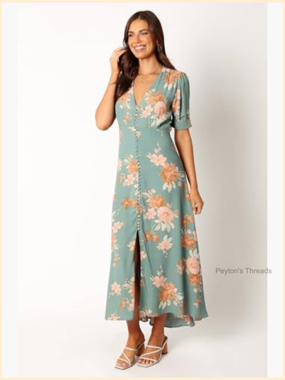 Midi A-Line Dress with V-Neck, Short Sleeves, Front Buttons, Side Split - Picture 2 of 7
